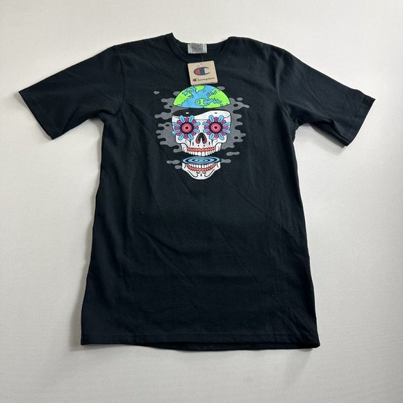 Vintage Champion Shirt Mens Size Small Short Sleeve Black Skull Earth‎ Y2K - Picture 9 of 9